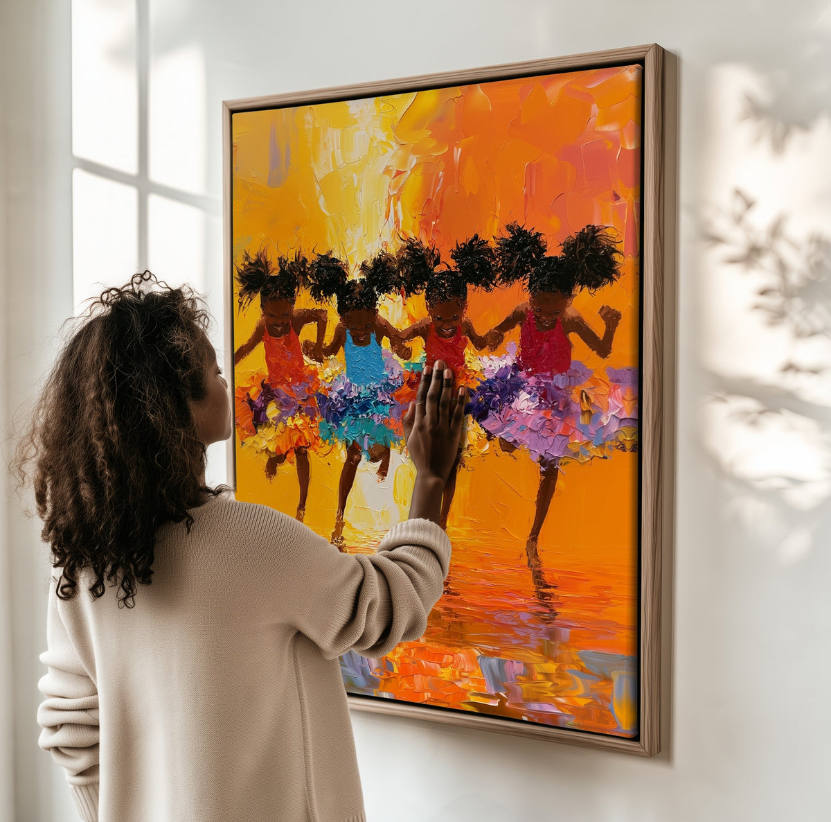 Barefoot Recital framed canvas, a woman hanging it on a sunlit wall