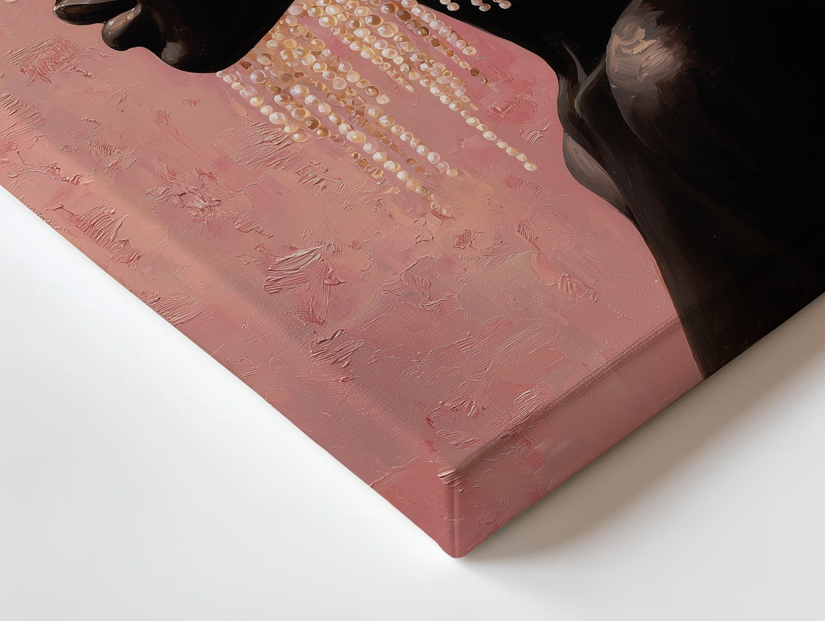 Close-up of the Veil of Pearls canvas: the texture and the image wrapping around the edge