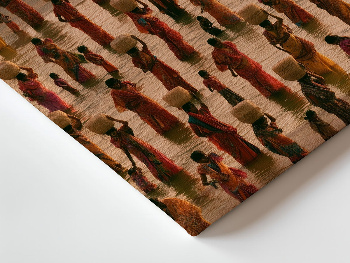 Close-up of the The Water Carriers canvas: the texture and the image wrapping around the edge