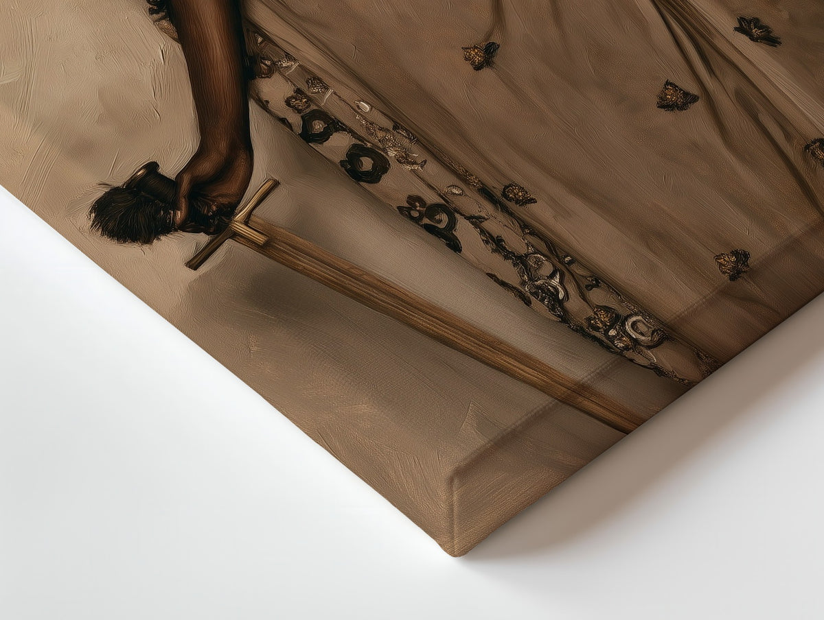 Close-up of the Lady Justice canvas: the texture and the image wrapping around the edge