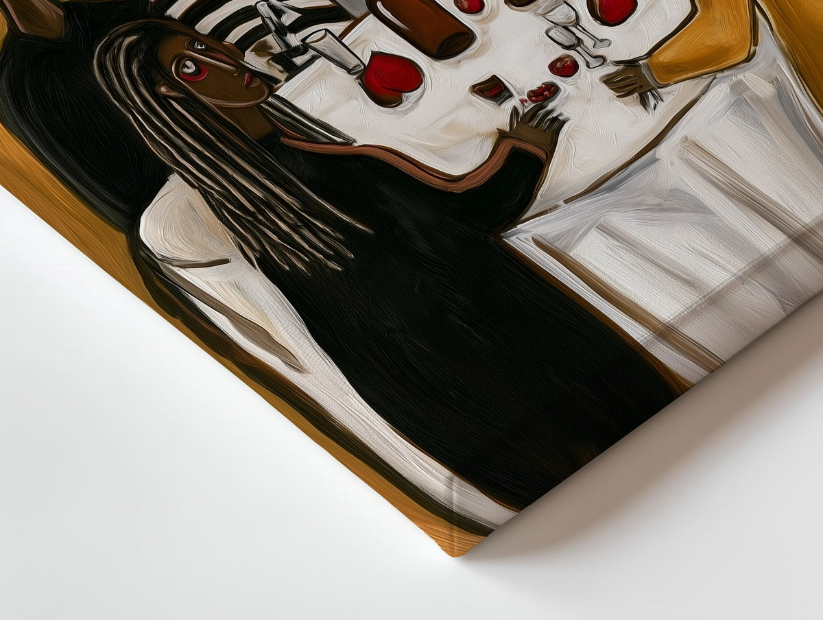 Close-up of the The Second Bottle canvas: the texture and the image wrapping around the edge
