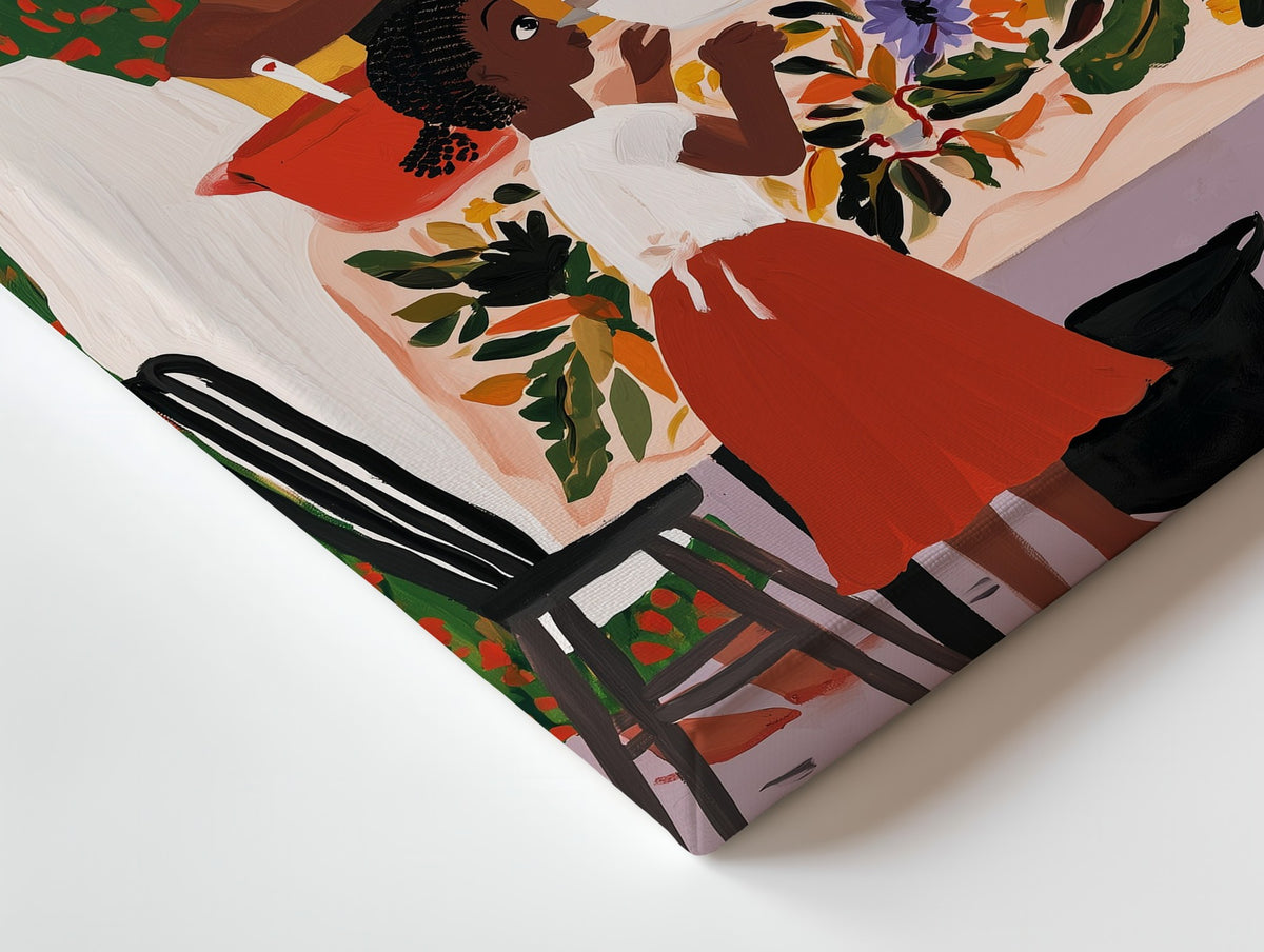 Close-up of the Stirring with Mama canvas: the texture and the image wrapping around the edge