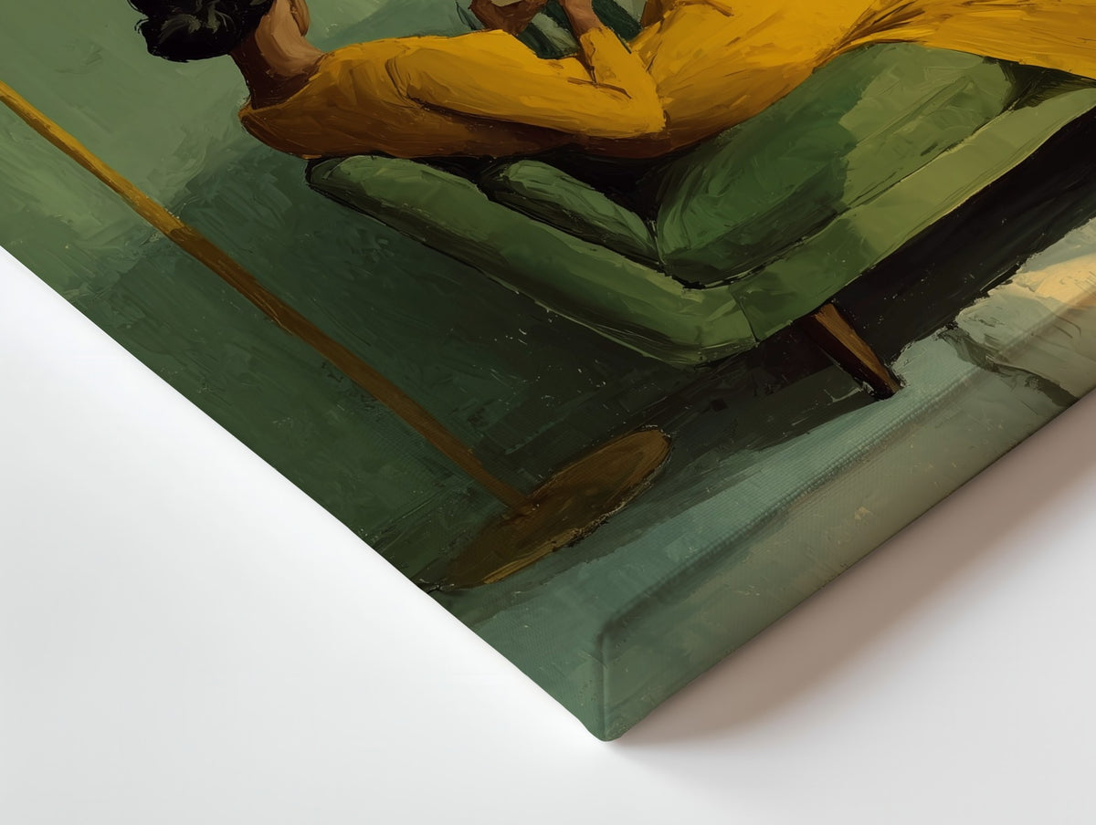 Close-up of the Reader in Yellow canvas: the texture and the image wrapping around the edge