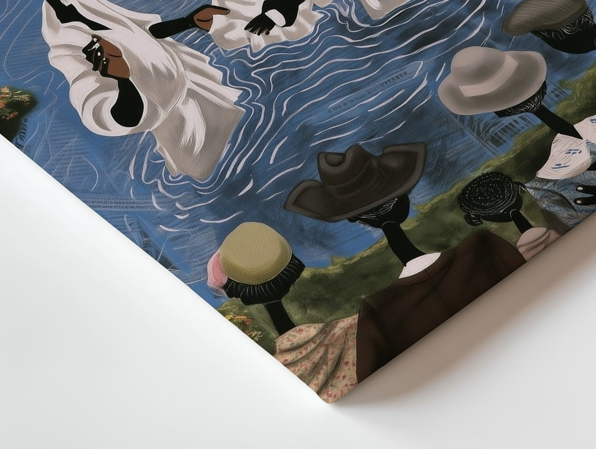 Close-up of the The River Baptism canvas: the texture and the image wrapping around the edge
