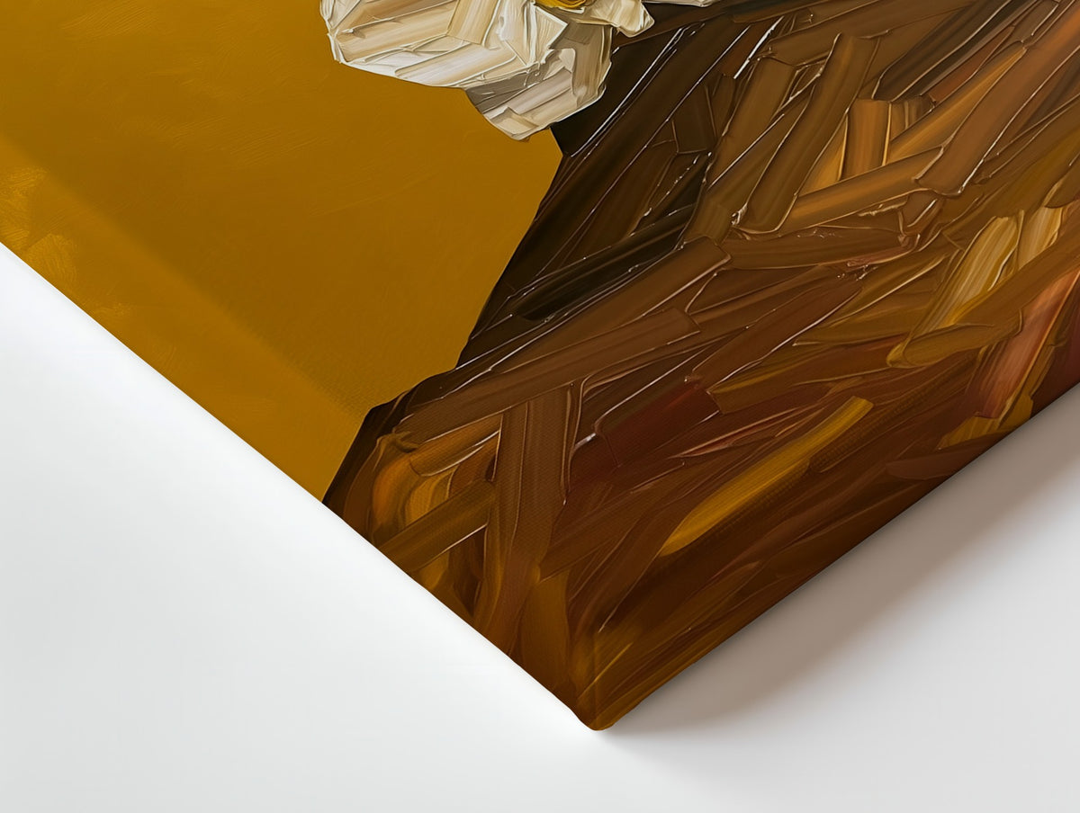 Close-up of the The Offering canvas: the texture and the image wrapping around the edge