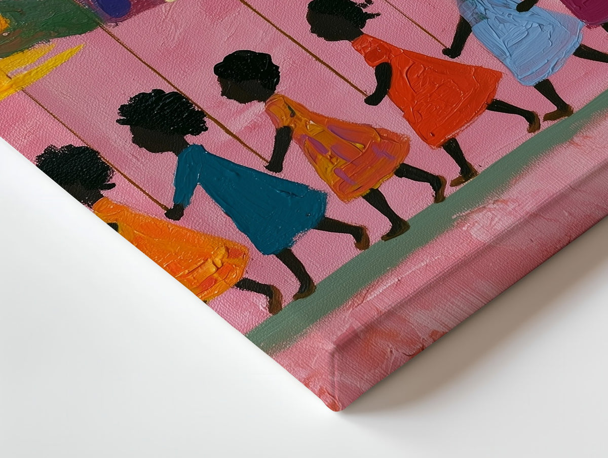 Close-up of the The Little Parade canvas: the texture and the image wrapping around the edge