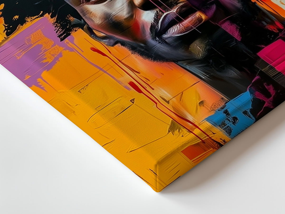 Close-up of the Loud Crown canvas: the texture and the image wrapping around the edge