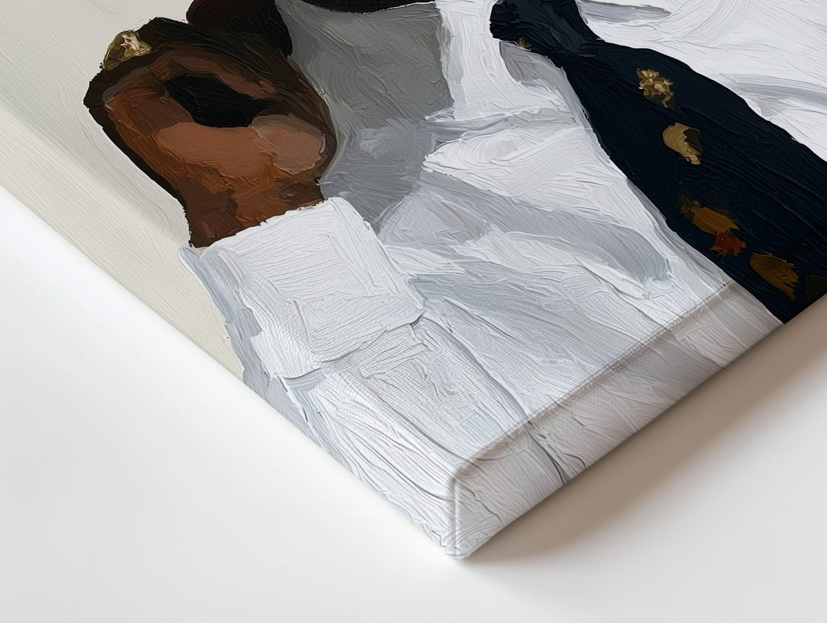 Close-up of the Man in Navy Cap canvas: the texture and the image wrapping around the edge