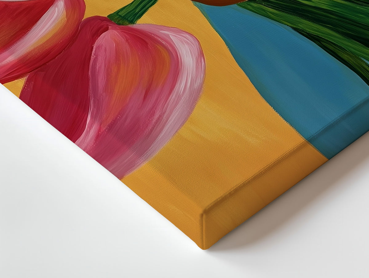 Close-up of the Carrying Spring canvas: the texture and the image wrapping around the edge