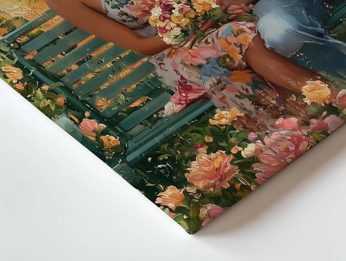 Close-up of the The Garden Bench canvas: the texture and the image wrapping around the edge