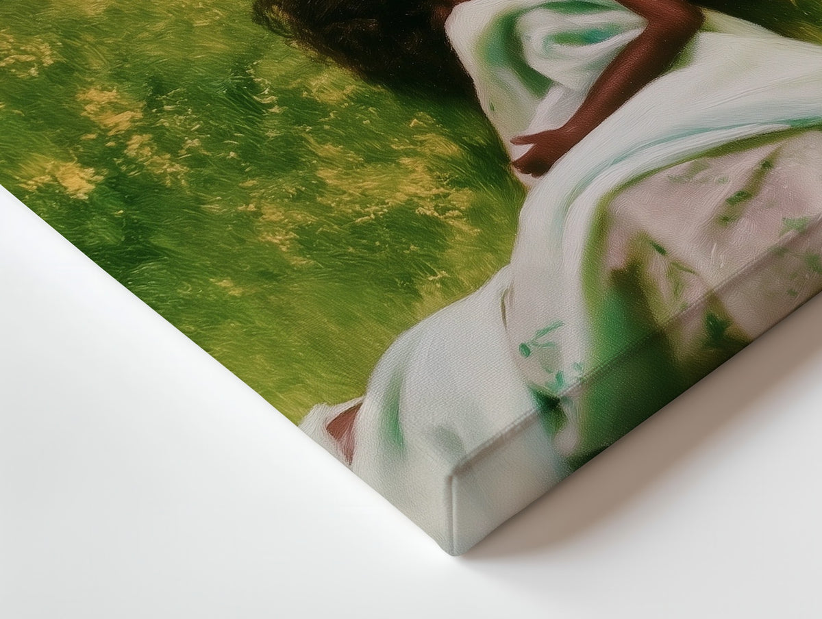 Close-up of the Girl in the Meadow canvas: the texture and the image wrapping around the edge