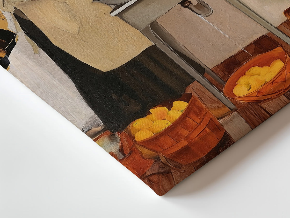 Close-up of the Mother with Lemons canvas: the texture and the image wrapping around the edge