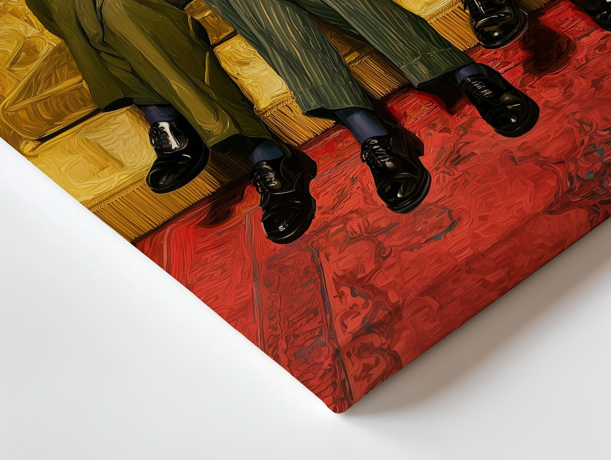 Close-up of the Three on the Sofa canvas: the texture and the image wrapping around the edge