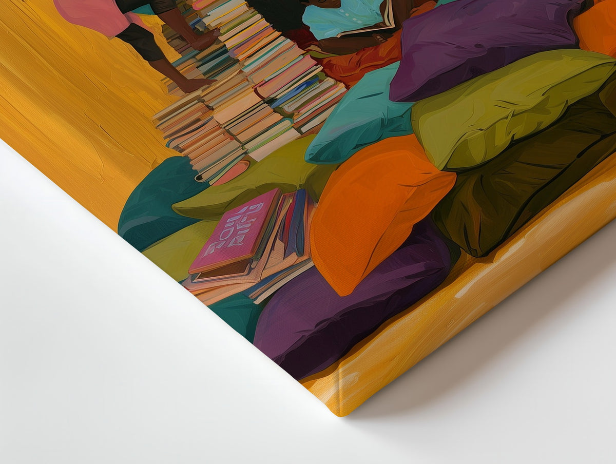 Close-up of the The Reading Fort canvas: the texture and the image wrapping around the edge