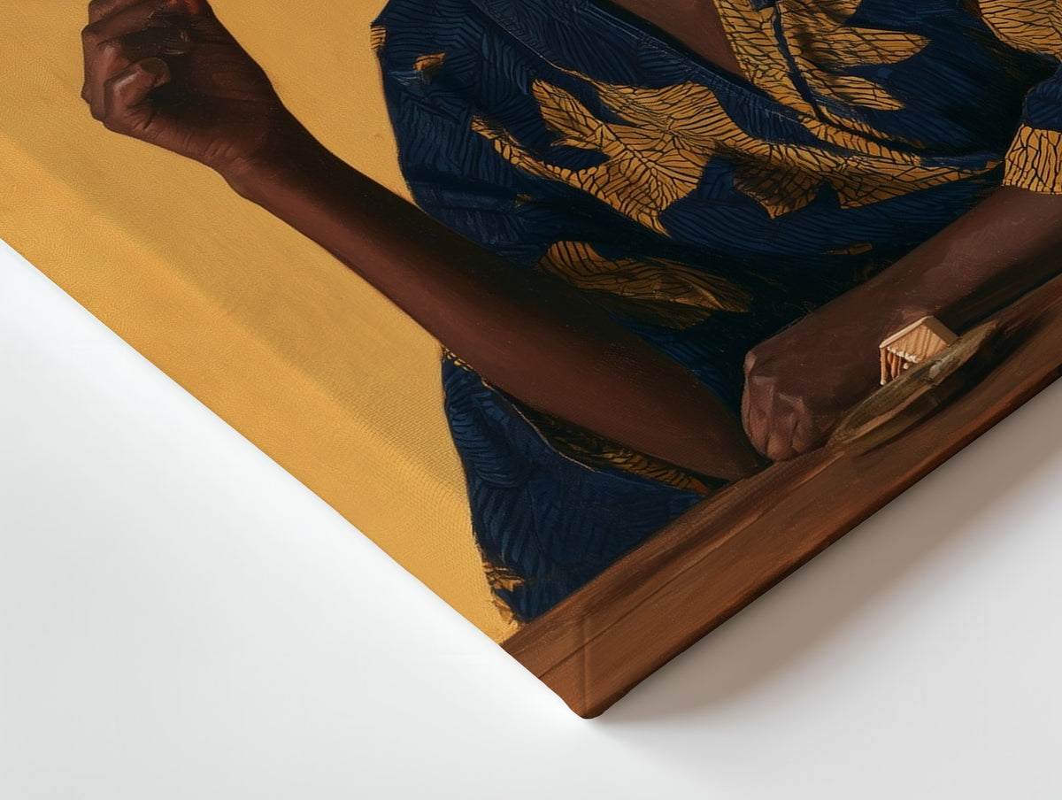 Close-up of the Woman with a Match canvas: the texture and the image wrapping around the edge