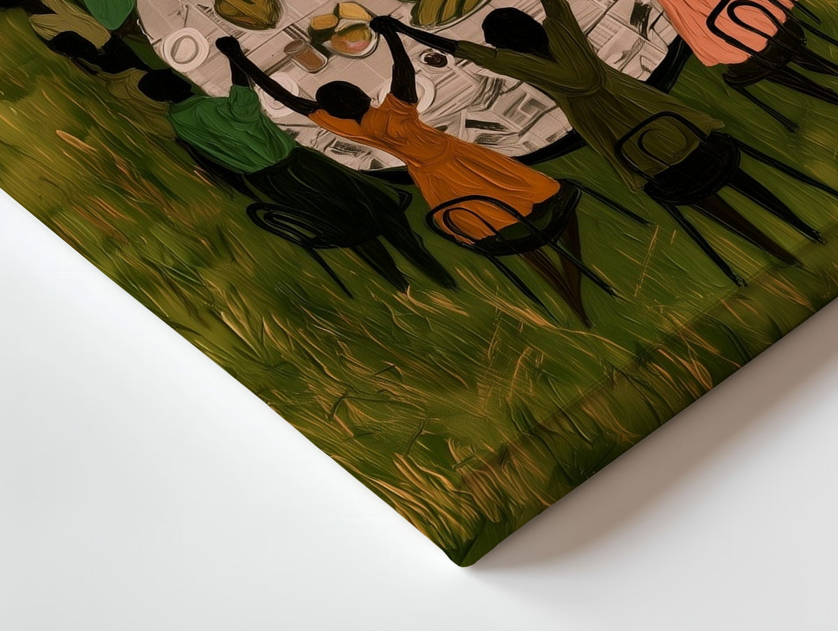 Close-up of the Grace Before Supper canvas: the texture and the image wrapping around the edge