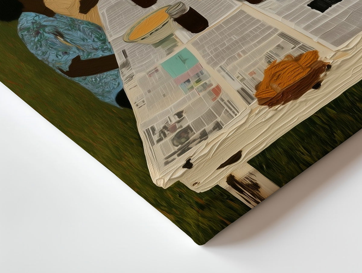Close-up of the The Long Table canvas: the texture and the image wrapping around the edge