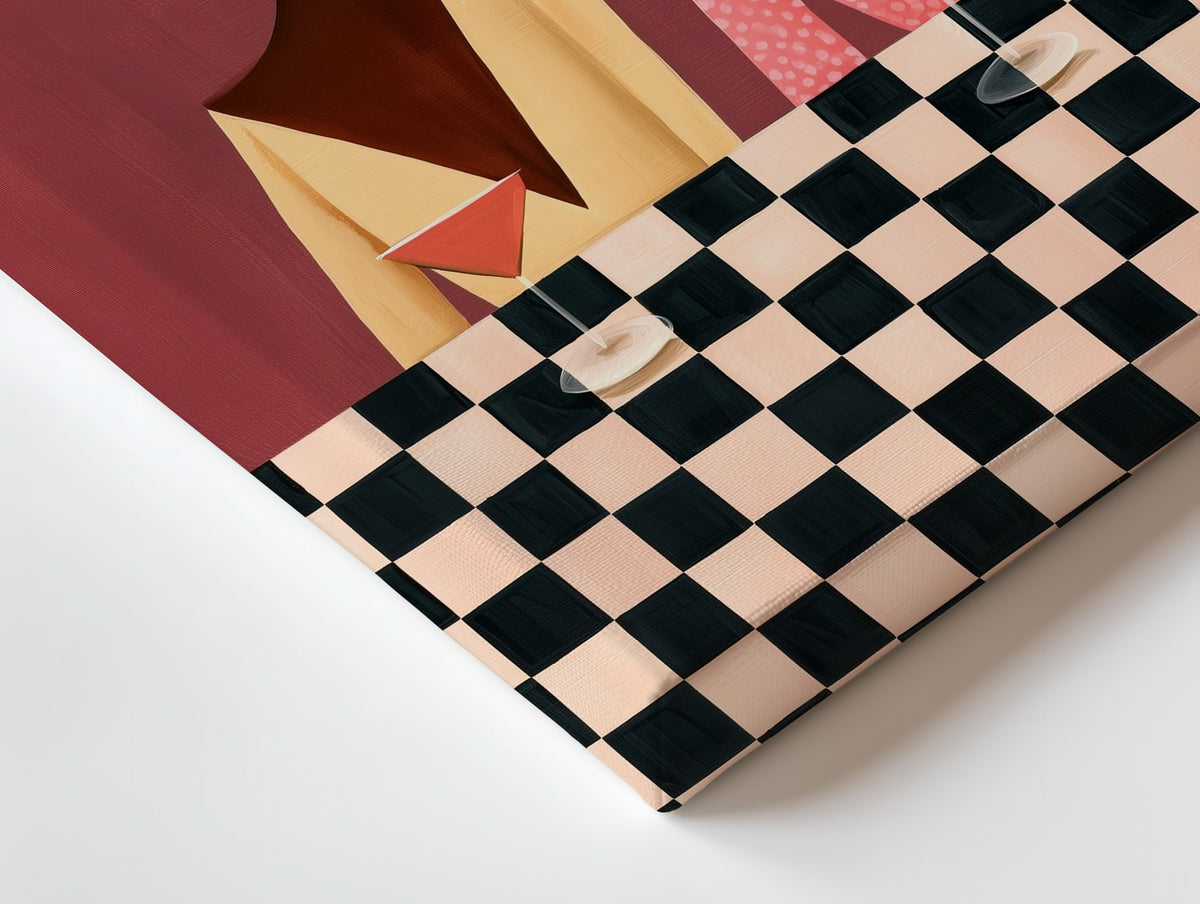Close-up of the The Checkered Bar canvas: the texture and the image wrapping around the edge