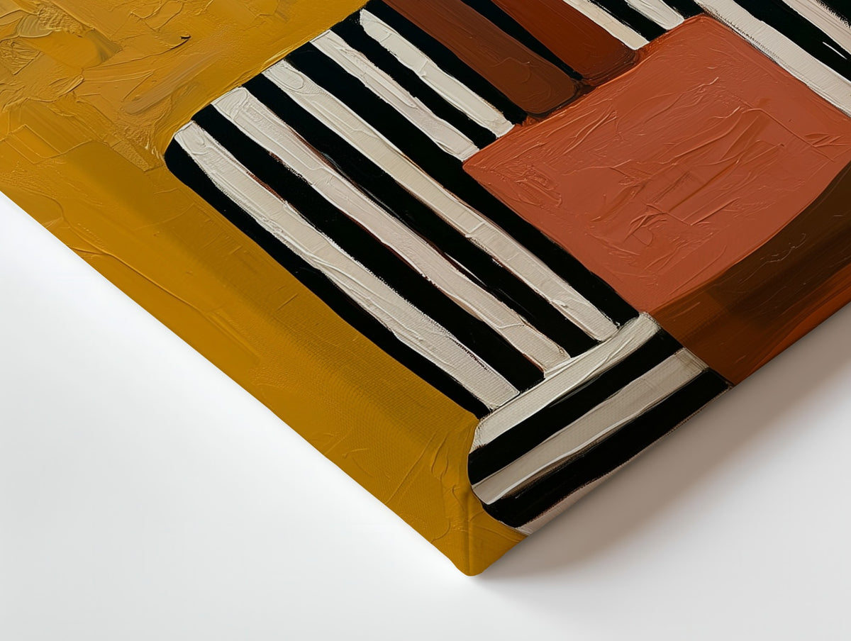 Close-up of the Golden Composure canvas: the texture and the image wrapping around the edge