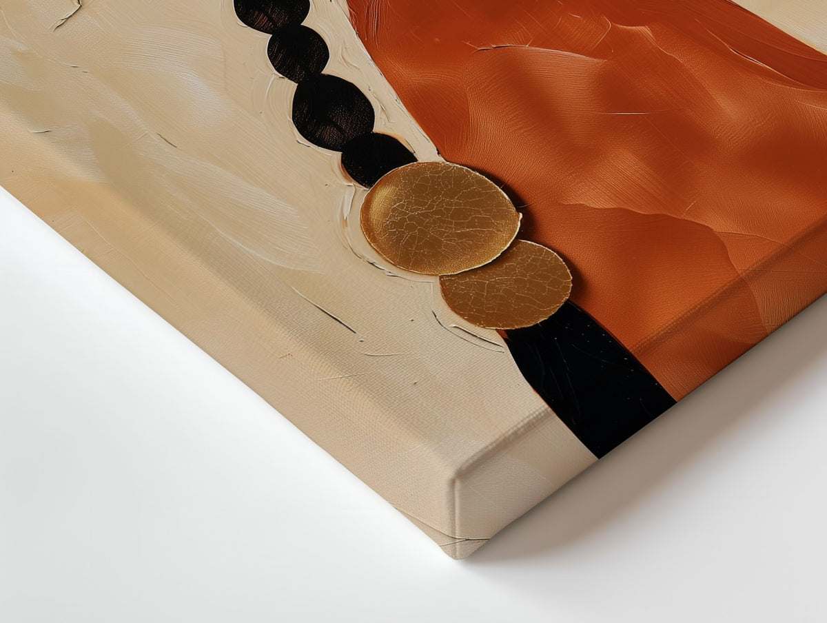 Close-up of the Woman with Gold Discs canvas: the texture and the image wrapping around the edge