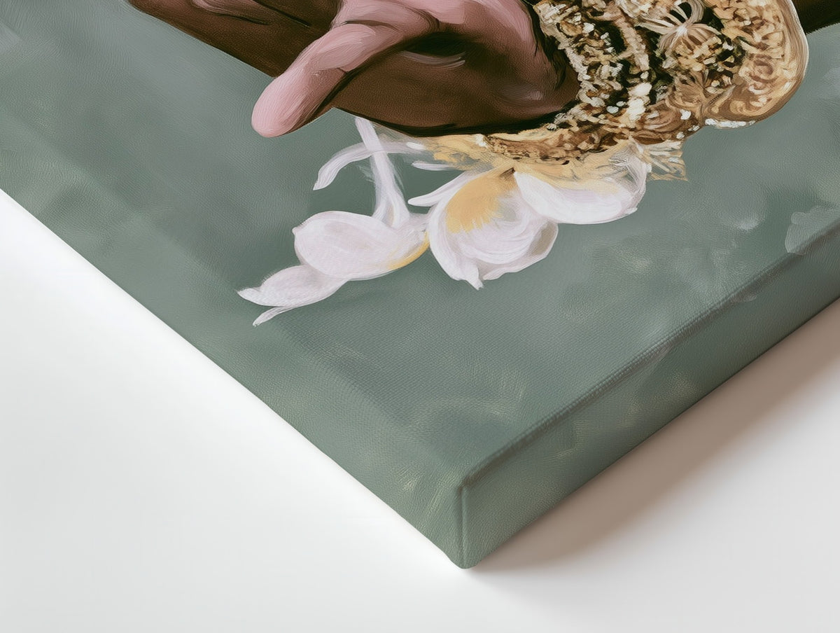 Close-up of the Tender Gesture canvas: the texture and the image wrapping around the edge