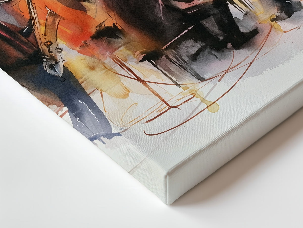 Close-up of the The Late Set canvas: the texture and the image wrapping around the edge