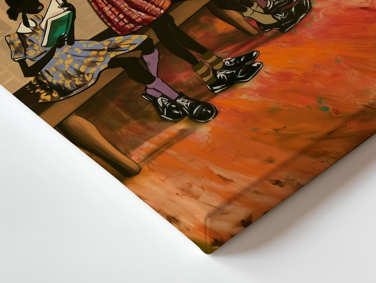 Close-up of the The Reading Bench canvas: the texture and the image wrapping around the edge
