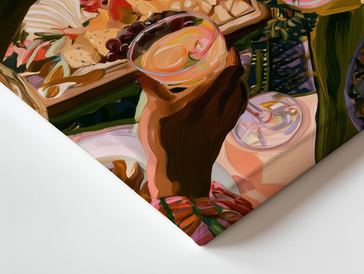 Close-up of the Late Brunch, Good Light canvas: the texture and the image wrapping around the edge