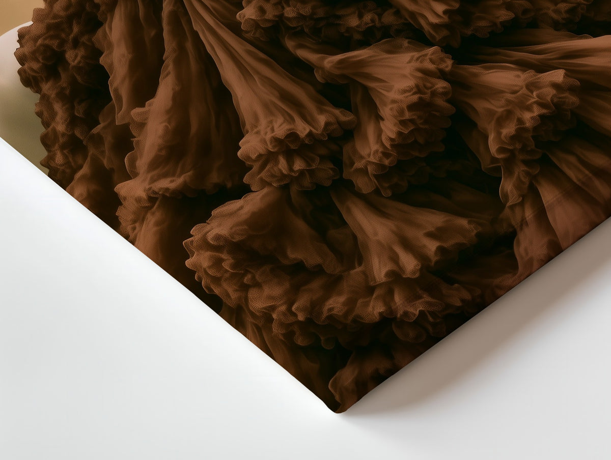 Close-up of the Lady in Chocolate Tulle canvas: the texture and the image wrapping around the edge