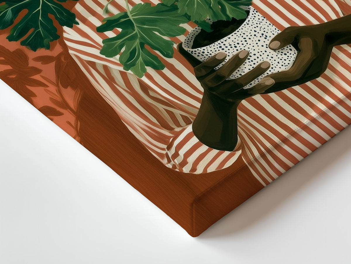 Close-up of the Rooted Warmth canvas: the texture and the image wrapping around the edge
