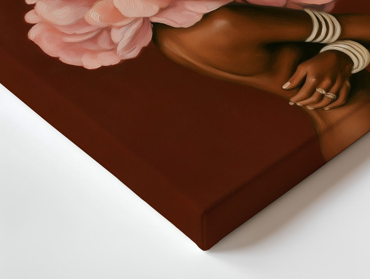 Close-up of the In Full Bloom canvas: the texture and the image wrapping around the edge