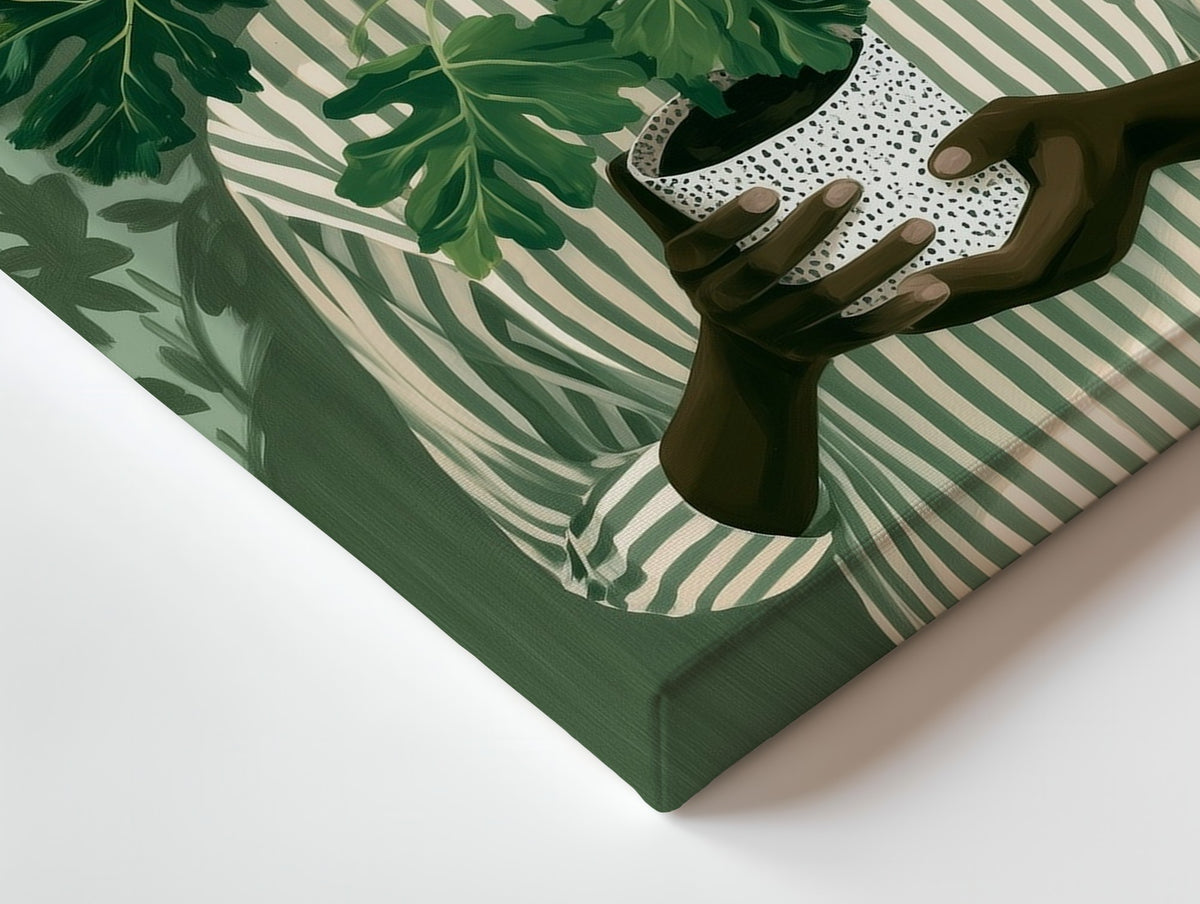Close-up of the Quiet Growth canvas: the texture and the image wrapping around the edge