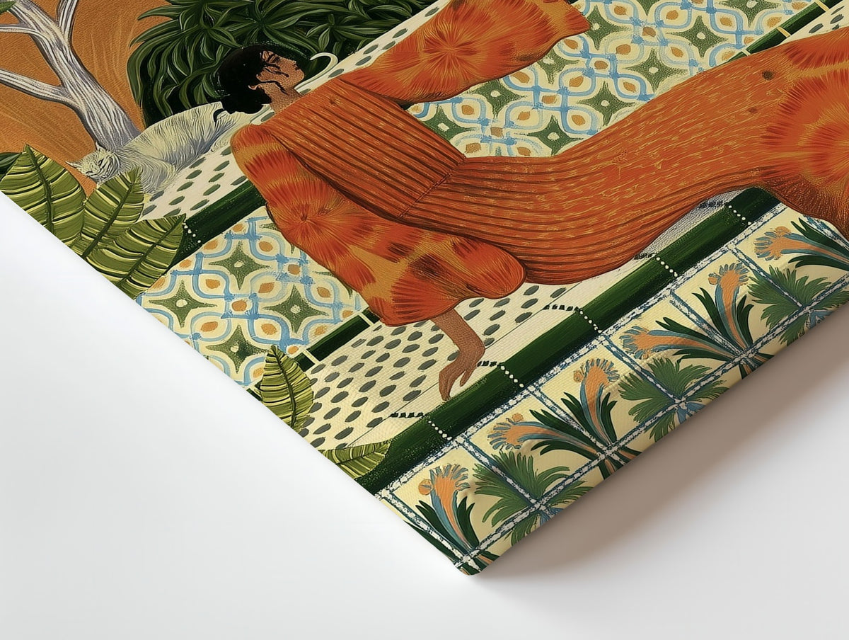 Close-up of the Orchard Heat canvas: the texture and the image wrapping around the edge