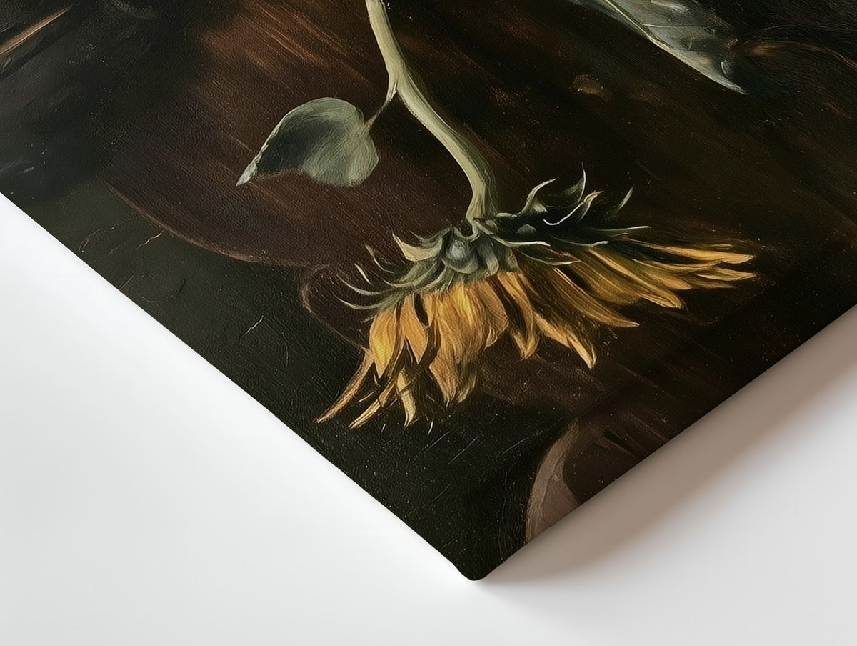 Close-up of the Sleeping Boy with Sunflower canvas: the texture and the image wrapping around the edge