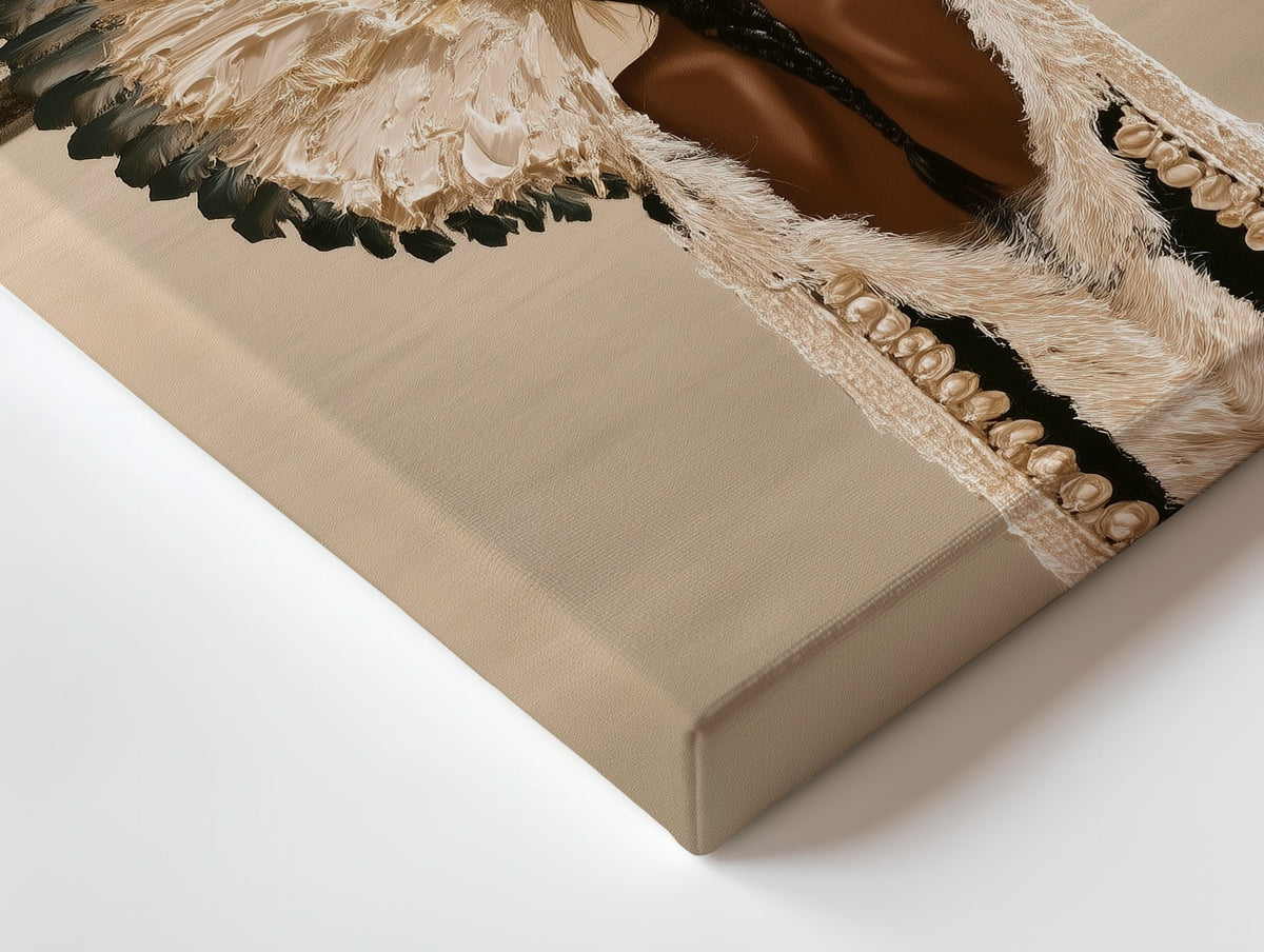 Close-up of the Plumed Silence canvas: the texture and the image wrapping around the edge