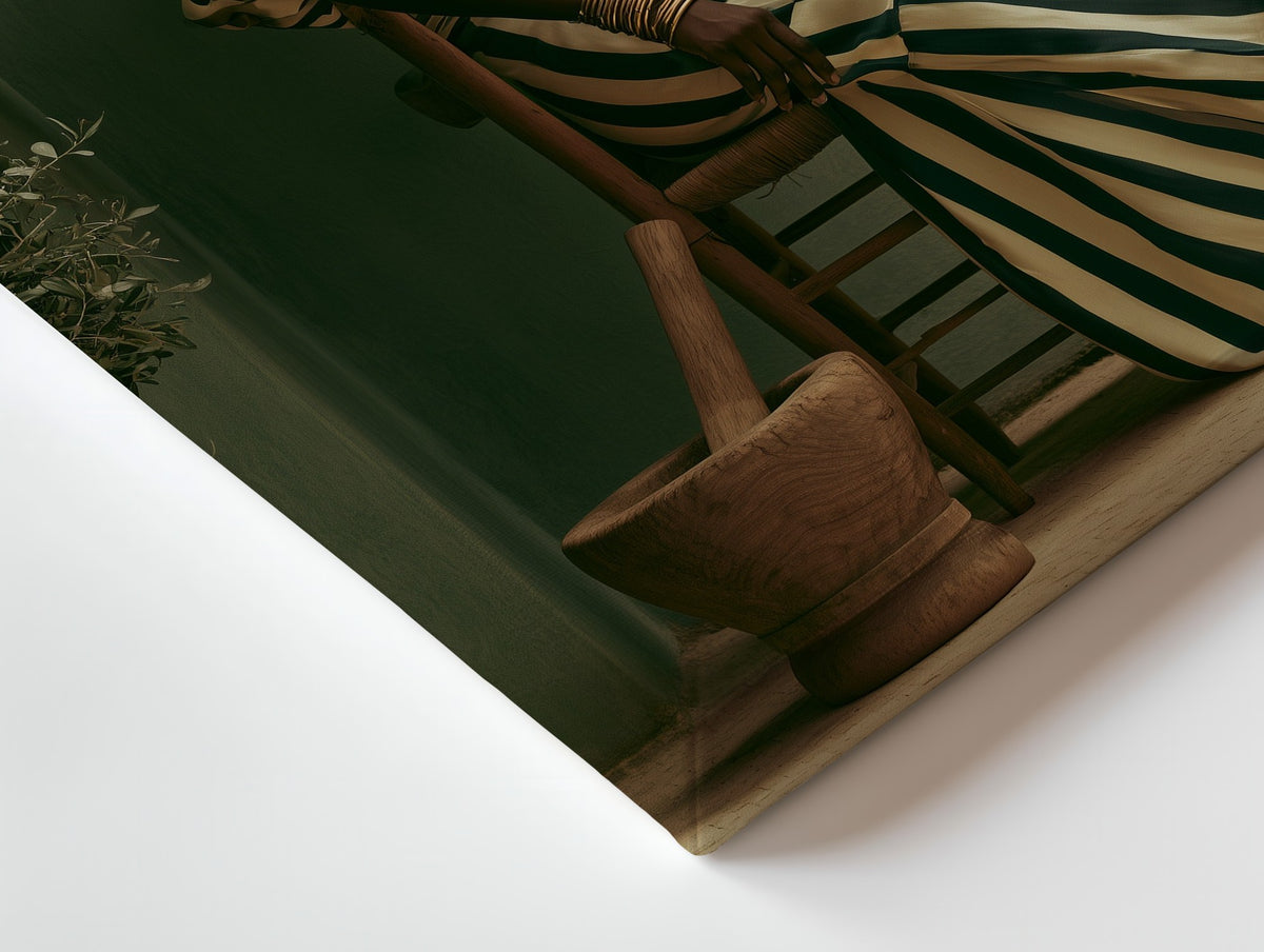 Close-up of the The Striped Hat canvas: the texture and the image wrapping around the edge