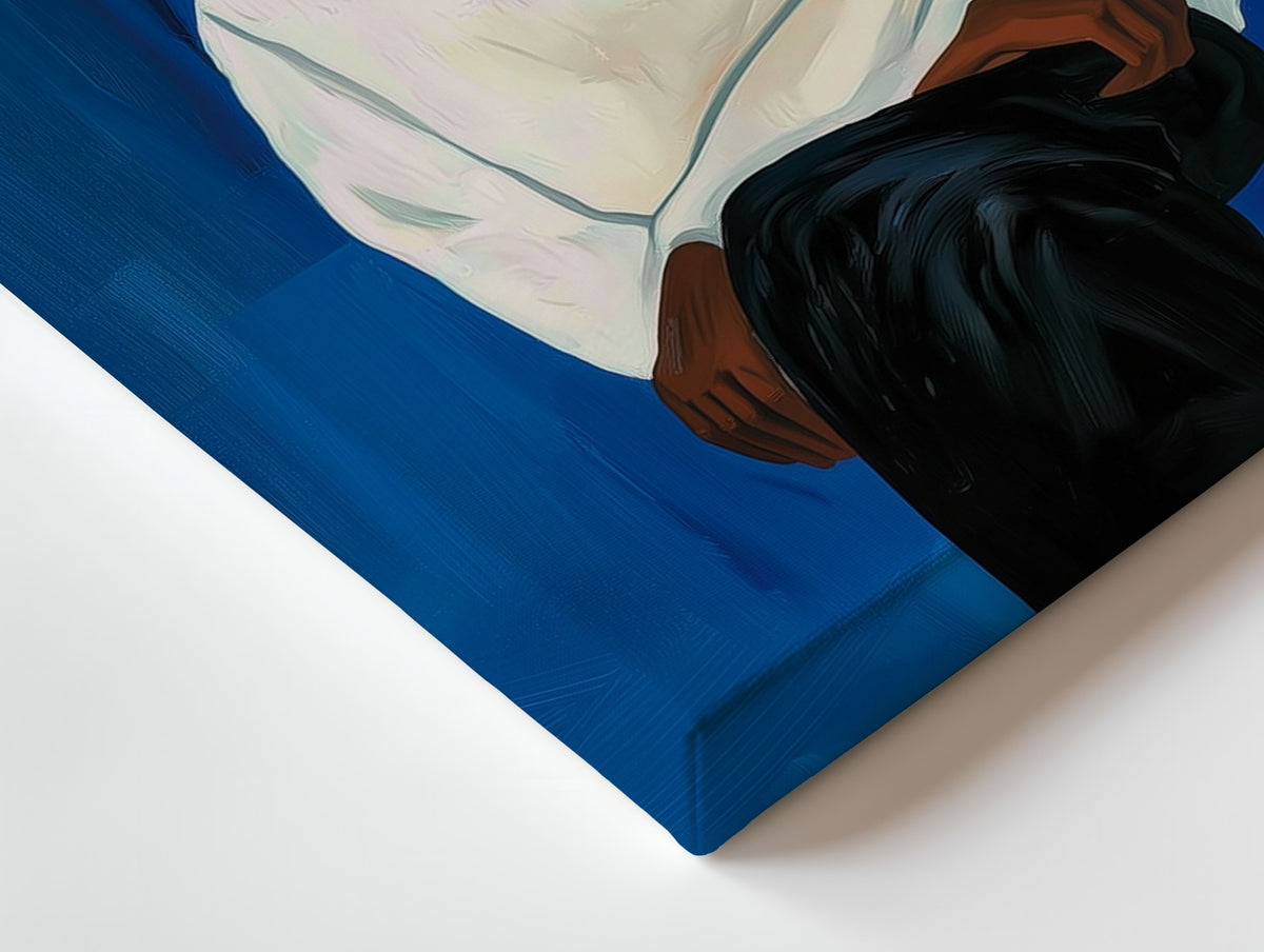 Close-up of the The White Sweater canvas: the texture and the image wrapping around the edge