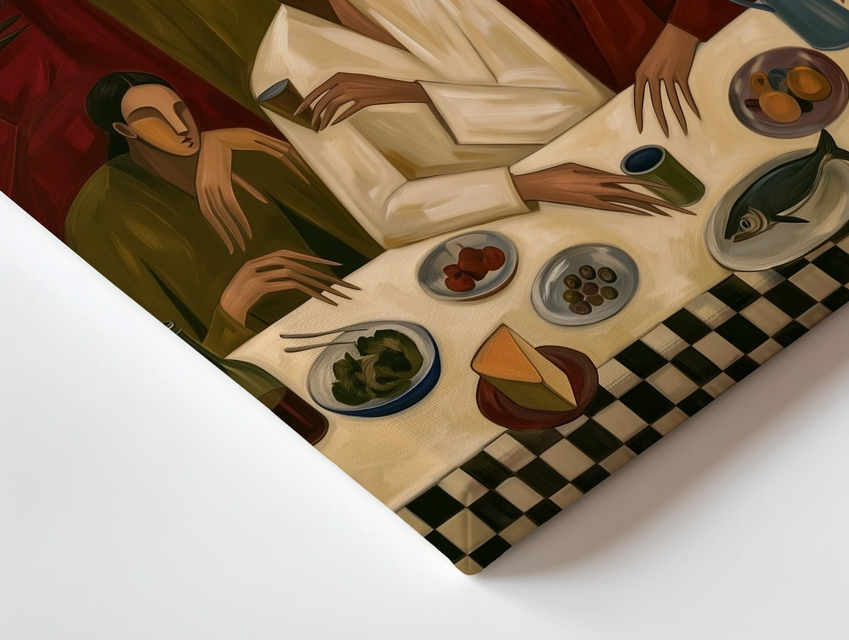 Close-up of the The Supper Guests canvas: the texture and the image wrapping around the edge