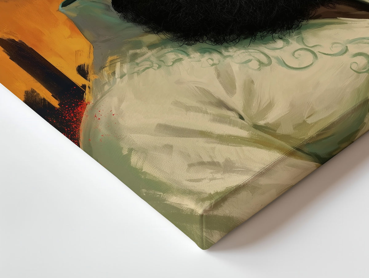 Close-up of the The Patron canvas: the texture and the image wrapping around the edge