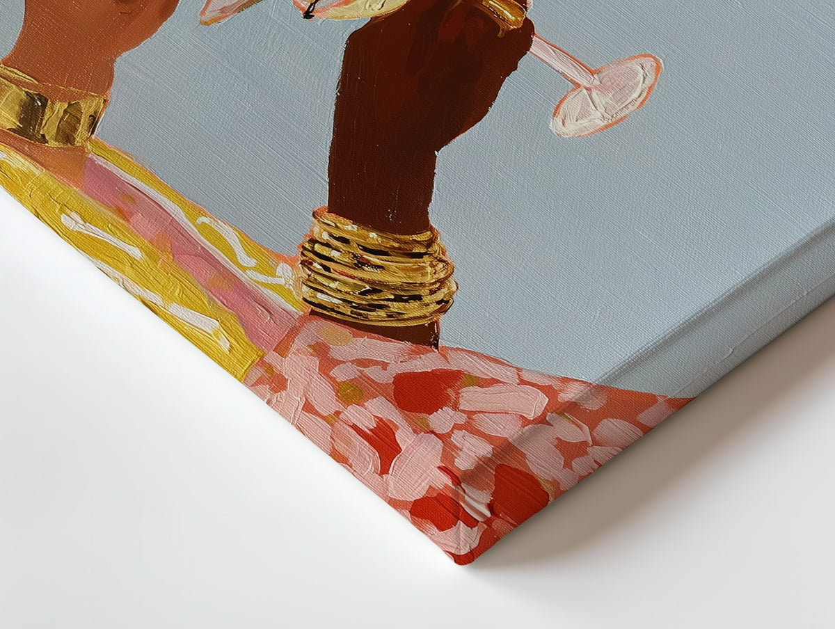 Close-up of the A Toast at Five canvas: the texture and the image wrapping around the edge