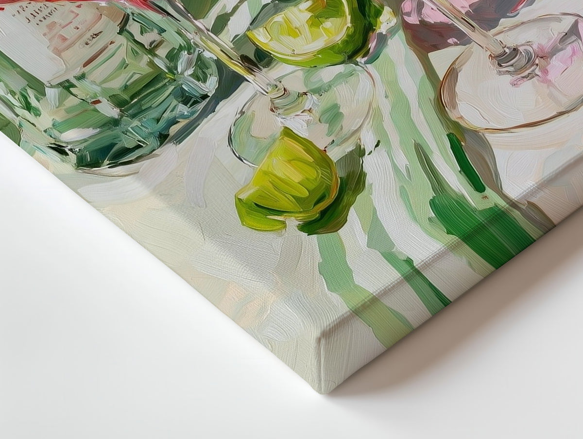 Close-up of the Still Life with Cosmopolitans canvas: the texture and the image wrapping around the edge