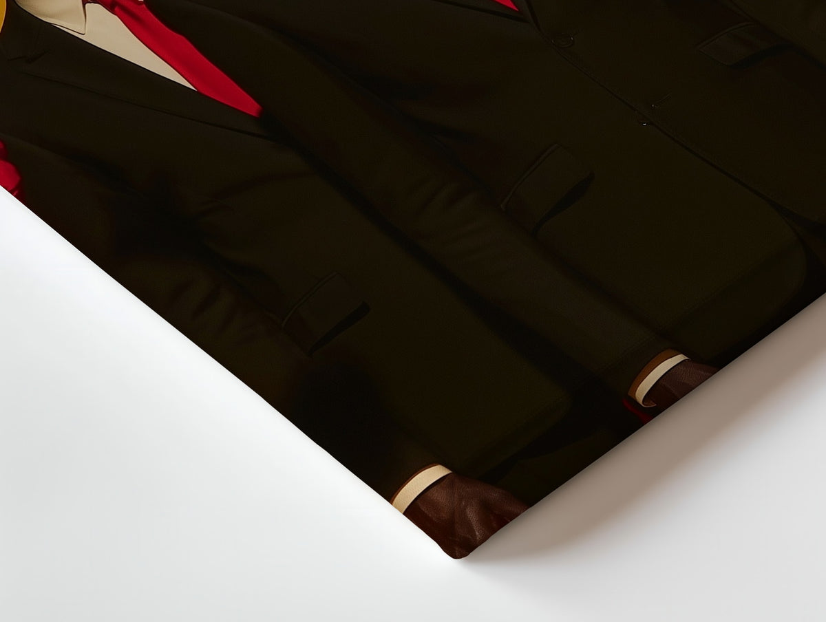Close-up of the Three Gentlemen canvas: the texture and the image wrapping around the edge