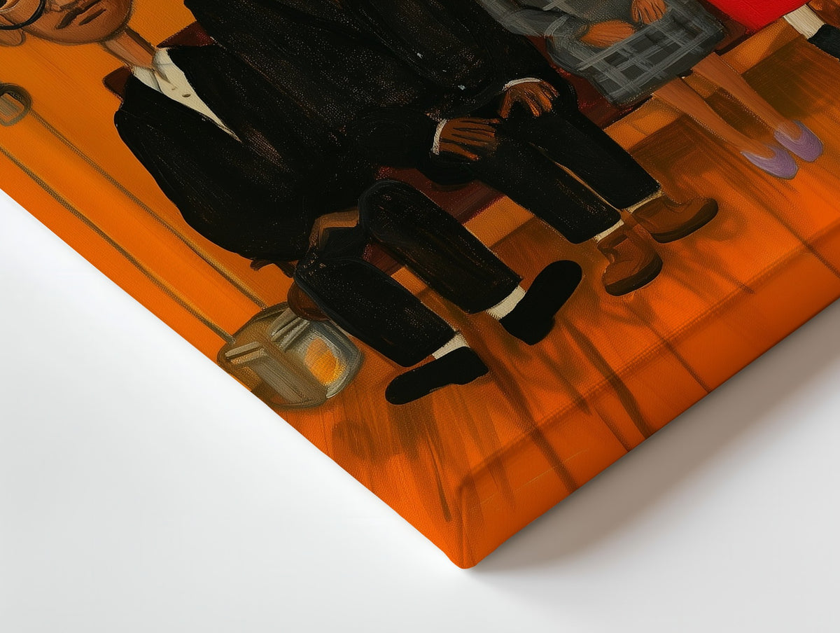 Close-up of the The Family Sitting canvas: the texture and the image wrapping around the edge
