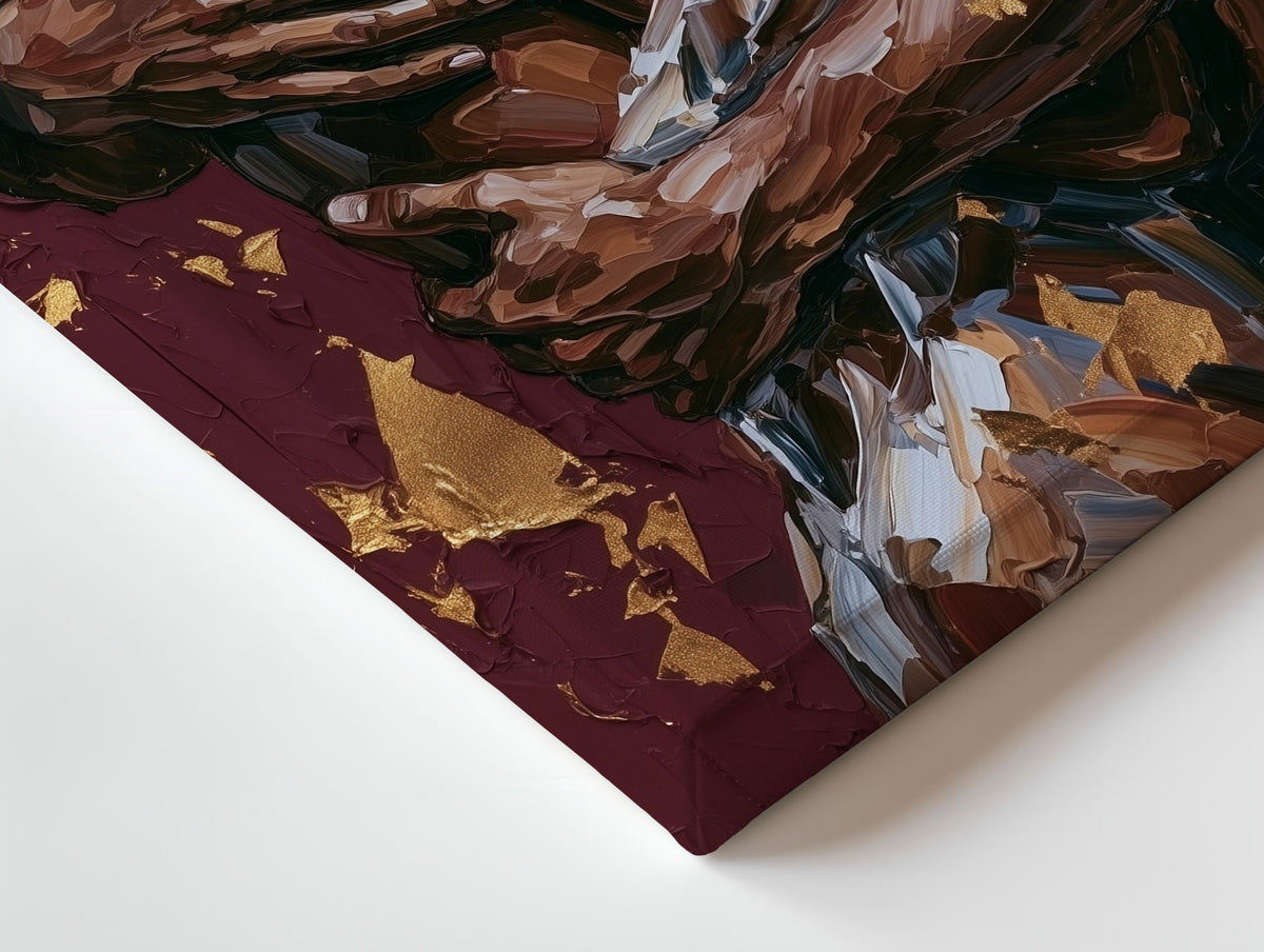 Close-up of the Holding On canvas: the texture and the image wrapping around the edge
