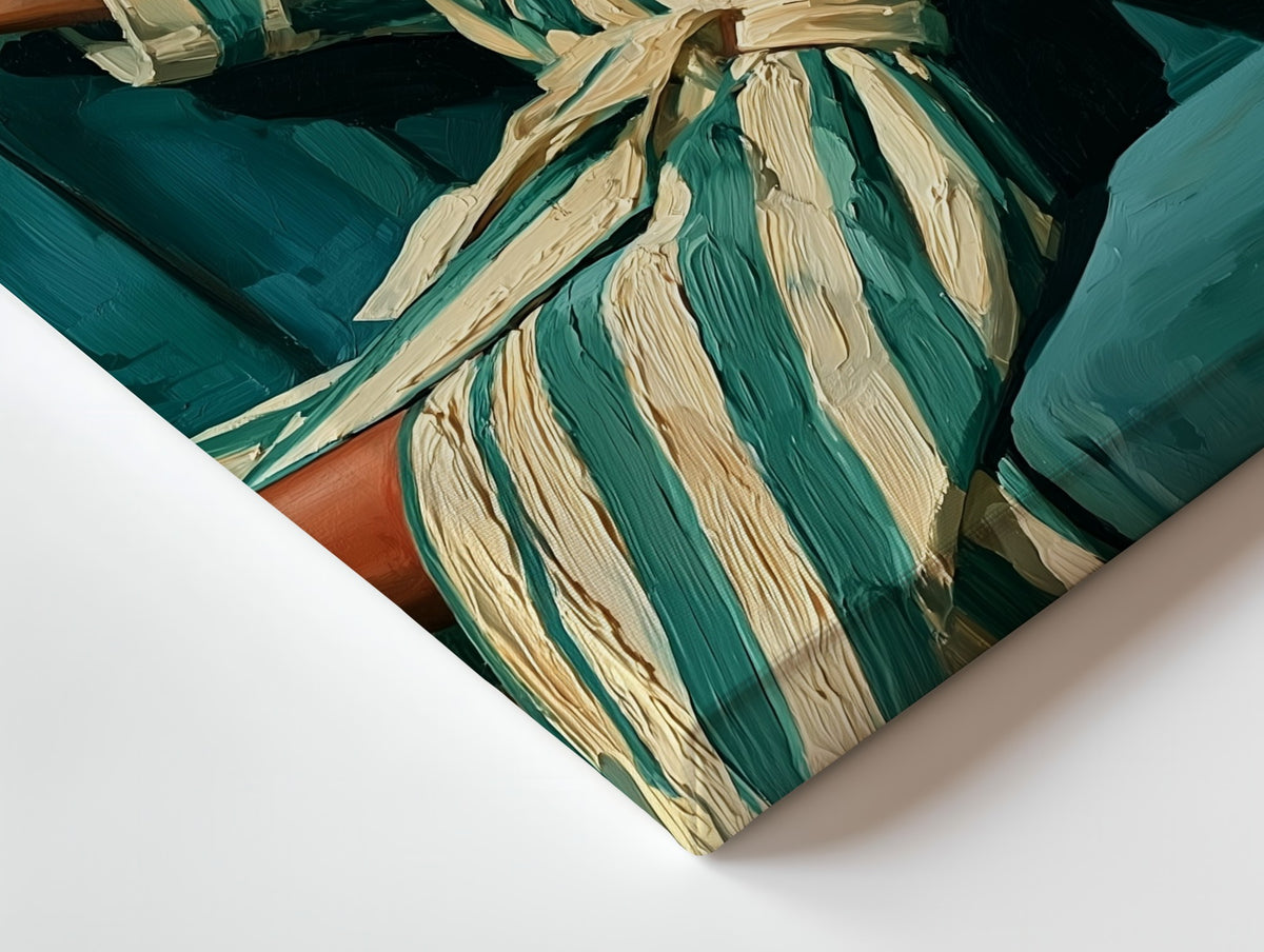 Close-up of the The Reader canvas: the texture and the image wrapping around the edge