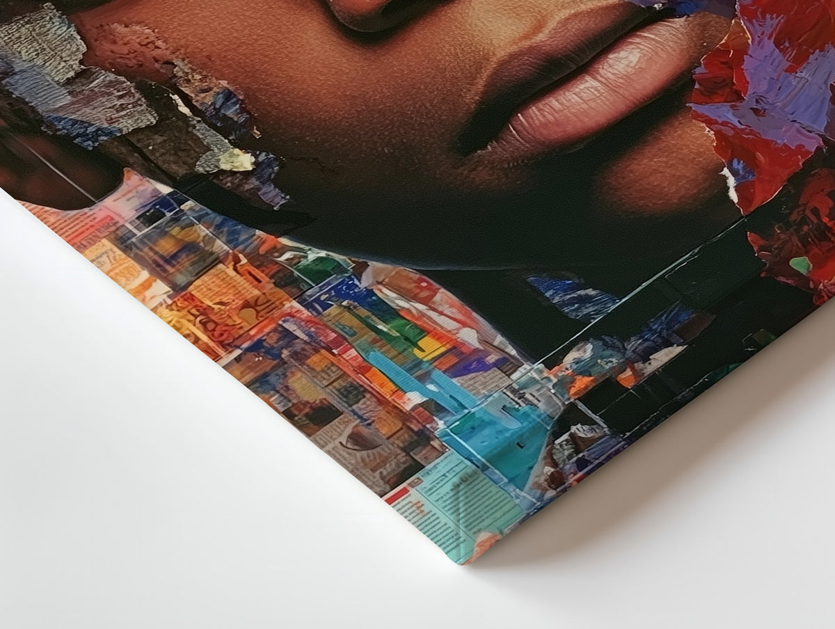 Close-up of the Becoming canvas: the texture and the image wrapping around the edge