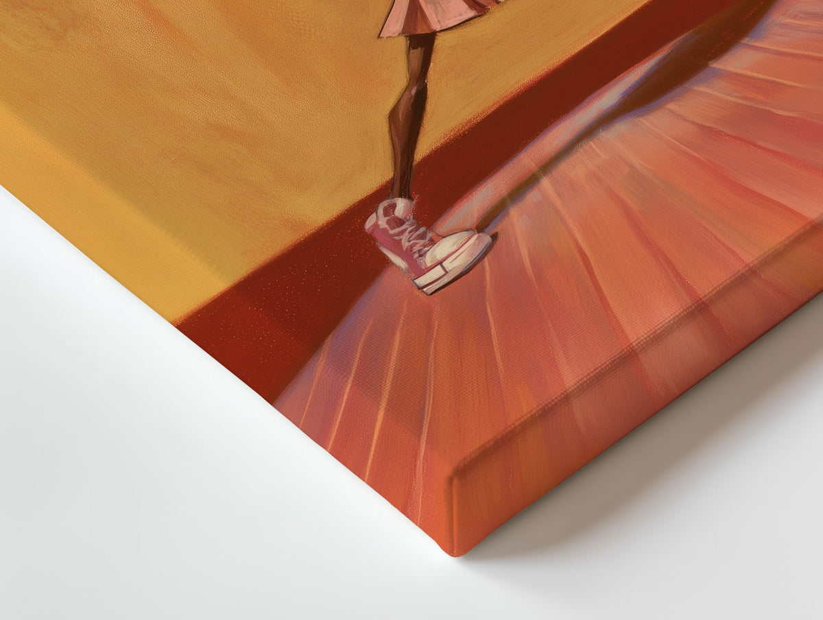 Close-up of the First Leap canvas: the texture and the image wrapping around the edge