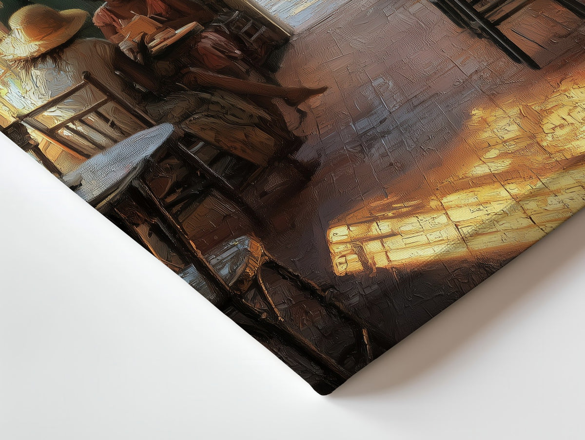 Close-up of the Morning at the Café canvas: the texture and the image wrapping around the edge