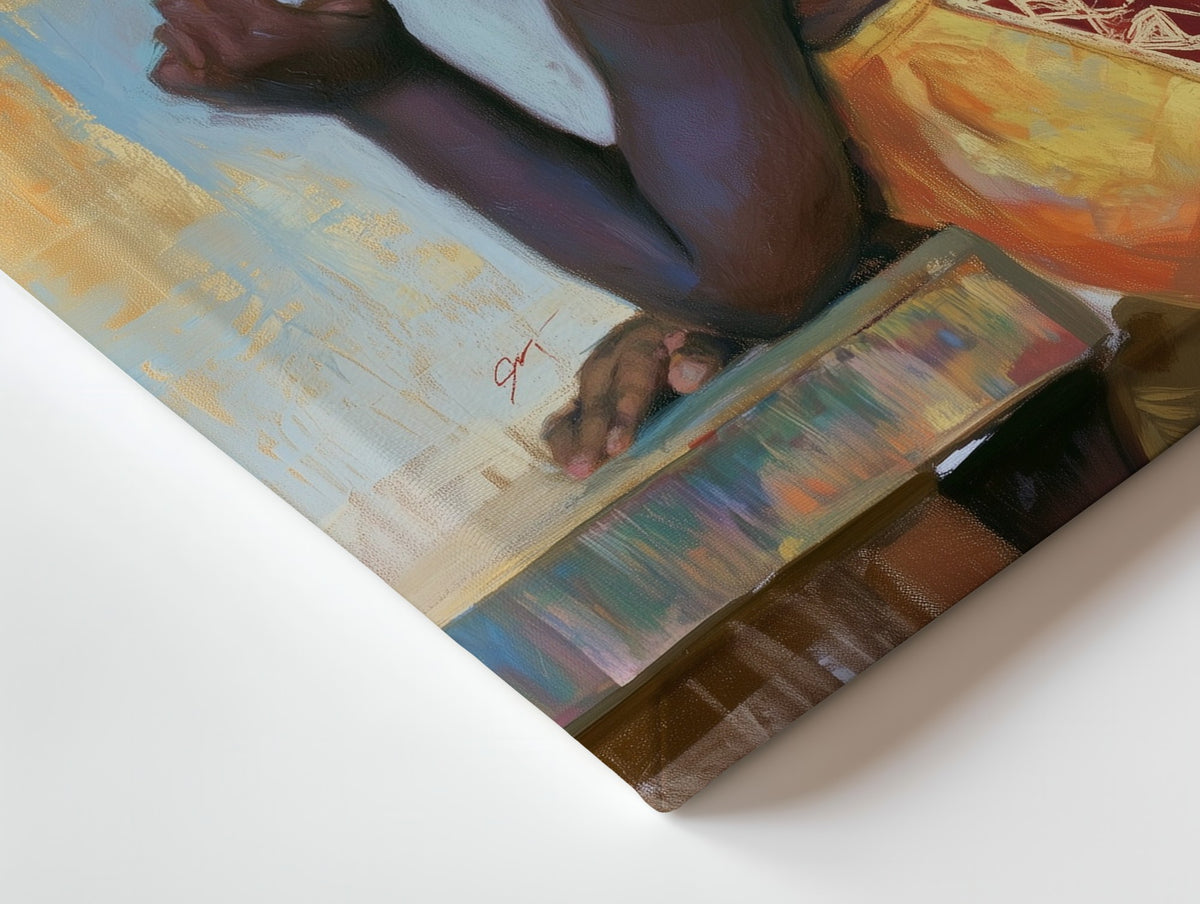 Close-up of the The Daydreamer canvas: the texture and the image wrapping around the edge