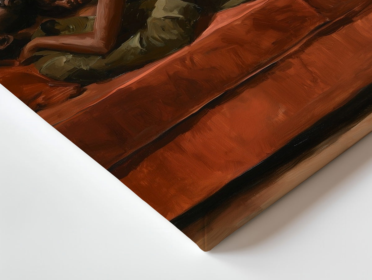 Close-up of the Slow Afternoon canvas: the texture and the image wrapping around the edge